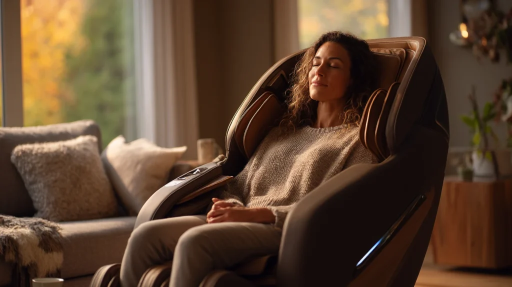 Frau entspannt in einem luxuriösen Massagesessel im stilvollen Wohnzimmer – modernes Design, Wohlfühlatmosphäre und hochwertige Technik perfekt eingefangen.