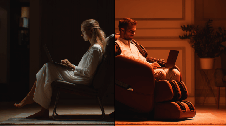 Gegenüberstellung von Online- und Offline-Kauf eines Massagesessels – bequemer Online-Vergleich vs. echtes Probesitzen im Laden