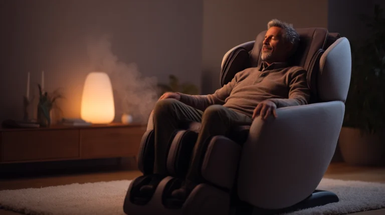 Ein Mann genießt eine abendliche Massage in einem luxuriösen Massagesessel bei gedämpftem Licht – entspannte Atmosphäre für Körper und Geist.
